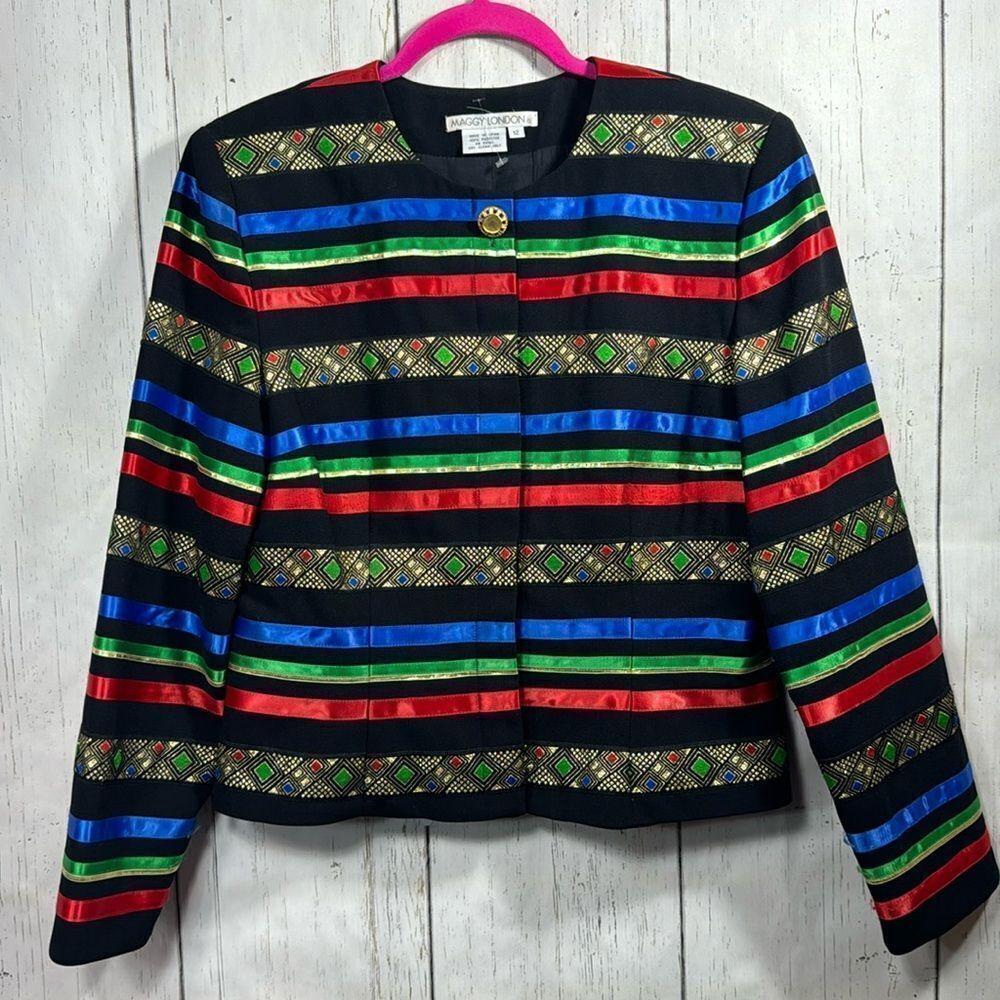 Maggy London Artsy Multicolor Stripe Statement Jacket Blazer Size 12 Colorblock